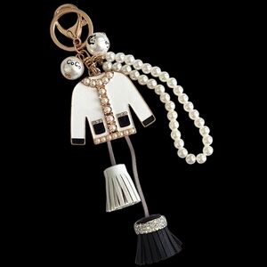 White Pearl Jacket Bag Charm / Keychain with Charms & Tassels